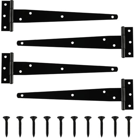 Lot de 4 charnières en T robustes de 25,4 cm, charnières de porte de grange pour portes d'abri de jardin, charnières en T d'extérieur robustes pour clôtures en bois