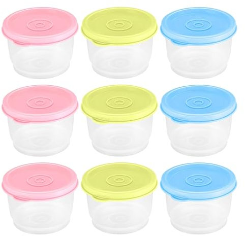 Small Food Containers with Lids, 9pcs Plastic Snack Pots, 160ML Food Container Set With Lid, Storage Jars for Lunch Yoghurt Microwave Picnic Reusable(Yellow, Blue, Pink)