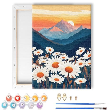 LOMSIOY Rahmen Malen nach Zahlen Kit für Erwachsene, DIY Landschaft Ölmalerei mit Pinseln, Haken - Gänseblümchen Gerahmte Kunst-Kits für Anfänger - geeignet für Schlafzimmer, Wand (8x12 Zoll)