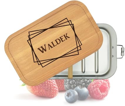 Thiger Brotdose Personalisiert | Gravur mit Namen | Edelstahl Weißblech mit Holzdeckel | Lunchbox mit Fächern | Geschenk persönlich | (Rahmen)