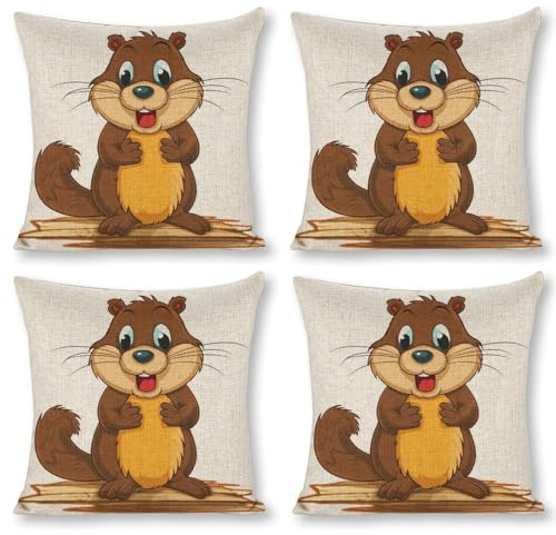 POTSCBVW Cartoon Animated Beaver Pillow Covers, Breathable Linen Pillow Cases - All Season | Hidden Zipper, Square Pillowcases for Bed, Sofa, Car Decor, 18x18(4pcs)