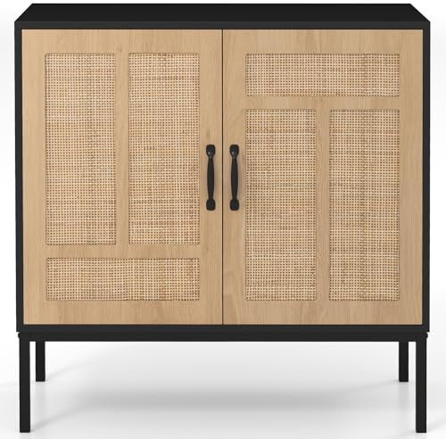 FANTASK Sideboard mit 2 Rattan-Türen, Boho Aufbewahrungsschrank mit 3-Fach verstellbarem Regal & Metallbeinen, Küchenschrank für Küche, Esszimmer, Wohnzimmer, 80 x 38 x 81 cm (Schwarz)