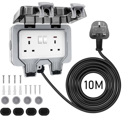 Weatherproof Double Outdoor Socket, 10M Extension Lead with LED Indicators, High Impact PC Housing, 2 Gang IP66 Dual 13A Switched Sockets, Wall-Mounted Waterproof Socket for Garden & Workshop