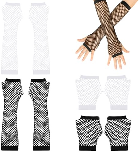 TRKETK 4 Pares de Guantes de Malla sin Dedos para Mujer Largos y Cortos de Rejilla Elástica Guantes Retro de Nailon Para Años 80 Disfraces Accesorios de Fiesta para Carnaval Festivales