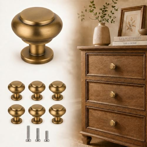 OAMCEG 6 Stück Vintage Schrankknöpfe - Runde Schubladenknöpfe in Antik-Messing-Optik, klassische Möbelknöpfe für Küchenschränke, Kommoden und Kleiderschränke