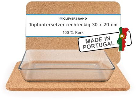 Cleverbrand Topfuntersetzer aus Kork, hitzebeständig, 30 x 20 cm, 10 mm stark, rechteckig, Ideal für kleine Auflaufformen – Made in Portugal