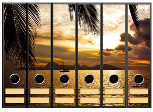 6 Ordnerrücken Motiv-Aufkleber SONNENUNTERGANG AUF MOOREA - Format 65 x 300 mm - passend für 6 breite Standard Din-A4-Ordner mit 7,5 oder 8,0 cm Rückenbreite