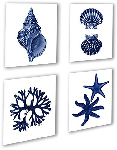 NAVY BLUE BEACH Wandtattoo Art Decor Set of 4 Prints gerahmt Coastal Home Decor