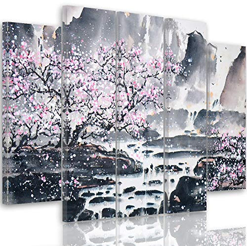 Feeby Impression Sur Toile 5 Pièces Cerisier Rose Type B 150x100 cm Tableau Mural Image Moderne Photo Décoration Murale Artistique Photographie Design Chambre Salon Cuisine Gris