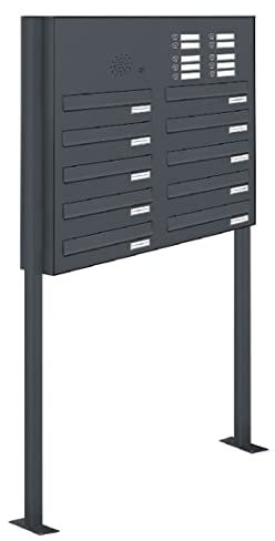 AL Briefkastensysteme 10er Durchwurfbriefkasten mit Klingel, 10 Fach Briefkasten DIN A4,Premium Standbriefkastenanlage Antrazitgrau mit 10 Fächern