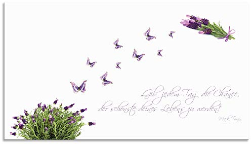 ARTland Spritzschutz Küchenrückwand aus Alu für Küche Herd Spüle 90x50 cm (BxH) mit Motiv Spruch Schmetterlinge Lavendel Landhaus Hell Weiß Lila J6DH
