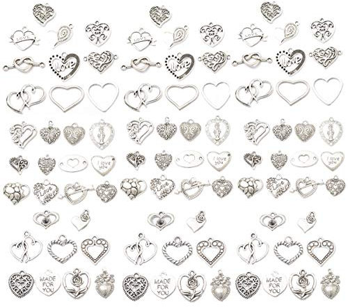 Zhiheng Assorted 93pcs Heart Shaped Alloy Pendants Love Charms Bracelet Necklace Beads Wine Glass Charms for Jewellery Making Birthday Christmas Valentine's Gift