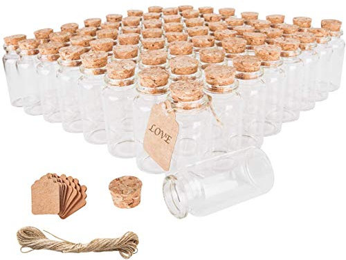 Set di 64 bottiglie in sughero da 30 ml, con etichette personalizzate e corda, mini bottiglie di caramelle, bomboniere per gli ospiti, 64 pezzi