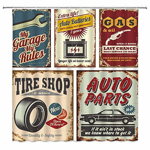jingjiji Auto Duschvorhang 1950er Retro Landhaus Garage Antik Auto Zubehör Amerikanische Reparatur Poster Nummernschild Nostalgie Brief Badezimmer Dekor Vorhänge Polyester Stoff (Rot, 59 x 71 Zoll)