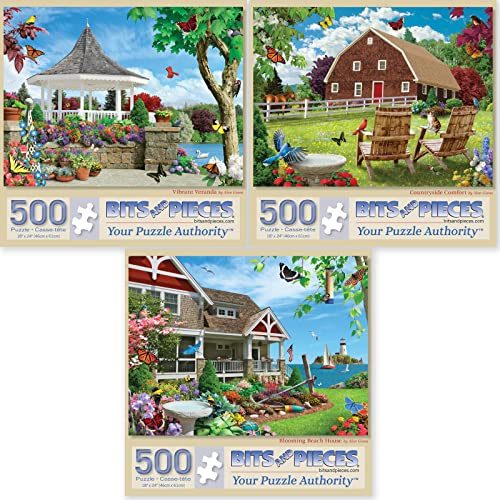 Bits and Pieces - Value Set of Three (3) 500 Piece Jigsaw Puzzles for Adults - Puzzles Measure 18'' x 24'' - Vibrant Veranda, Countryside Comfort, Blooming House Jigsaws by Alan Giana