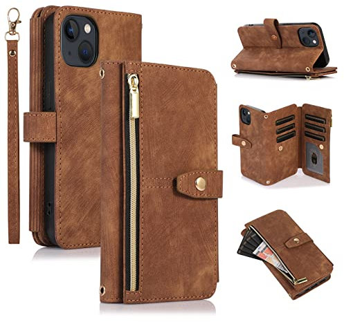 UEEBAI Hülle für iPhone 13 6.1 inch, 9 Kartenfäche Retro Leder Geldbörse Stoßfest Flip Case mit Handschlaufe Standfunktion Reißverschluss Handyhülle Magnetverschluss Wallet– Retro Braun