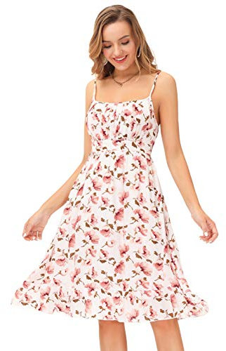 GRACE KARIN Donna Abito Floreale da Cocktail Spalline Sottili Vestito a Vita Alta Rosa Casual XL