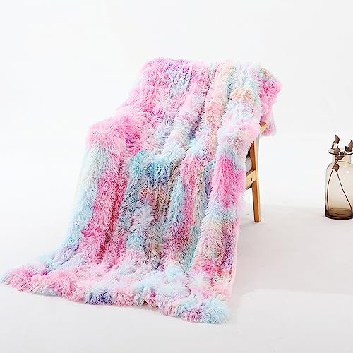 Freyamy Langhaar Kunstpelz Kuscheldecke 160x200cm Regenbogen-Überwurfdecke Flanell Wende Wurfdecke Flauschig Microfaser Kunstfell Wohndecke Warme Komfort Sofa Decke TV-Decke Plüsch Tagesdecke