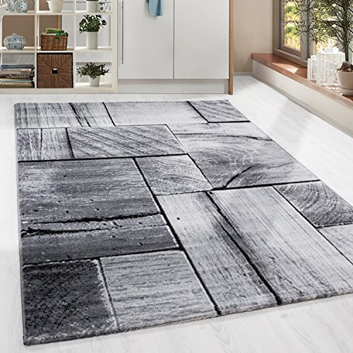 HomebyHome Teppich Wohnzimmer 240x340 cm Rechteckig Schwarz und Grau Kurzflor Holz Design - Teppich Schlafzimmer, Esszimmer, Küche Flauschiger Extra Weich Tepich Waschbär Einfache Reinigung - Carpet