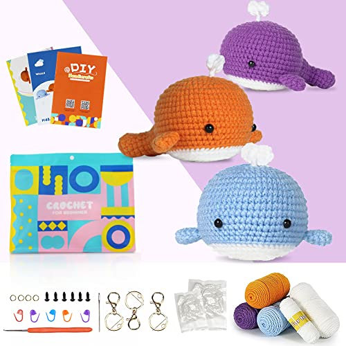 Miookiss Anfänger-Häkelset, 3-teiliges süßes Wal-Häkelset, Starter-Set für Erwachsene, inklusive Häkelnadel, Garn, Augen, Füllung, Häkeln lernen mit Schritt-für-Schritt-Anleitung und Video-Anleitung