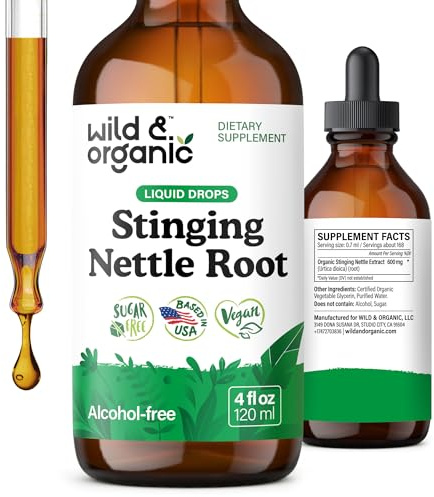 Wild & Organic Stinging Nettle Root Extract Drops - Urinary Support - Stinging Nettle Tincture for Men & Women - Add to Tea - Liquid Urtica Dioica Supplement - Vegan, Sugar & Alcohol-Free - 4 fl oz