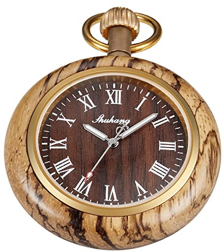 Tiong Holz-Taschenuhr mit 37 cm Langer Kette, handgefertigte Uhren, römisches, digitales Zifferblatt, Quarz, Holz-Taschenuhr für Damen und Herren, Uk-pwr-wood103…