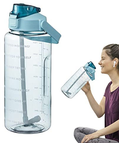 2L Agua Deportiva, 2 litros Botella Agua Motivacional Gimnasio con Pajita y Marcador Tiempo, GranJarra Agua Deportiva, para Fitness, Gimnasio, Yoga, Senderismo