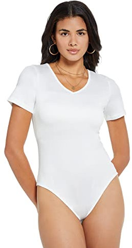 RPAEOY Damen Body V-ausschnitt Kurzarm Stretchy Slim Fit Bodysuit Sexy Einteiler Seamless Jumpsuit Tanga Damenbody Sommer T-shirt Lässig Oberteil Tops Clubwear Streetwear Weiß XL
