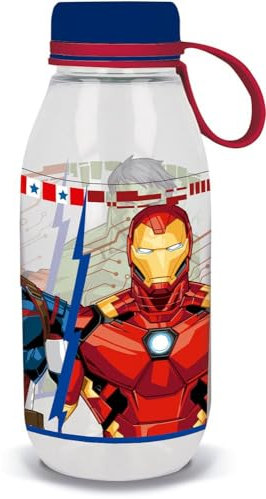 Marvel Botella Ecozen transparente para niños, tritan Avengers Iron Man Hulk Capitán América, 460 ml, con capucha y mango de silicona