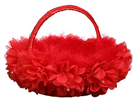 URFEDA Blumenmädchen Korb mit Henkel Straußenfedern Blumen Blumenkorb Hochzeit Rot,Rot Blumenkinder Hochzeit Blumenkörbe Spitze Hochzeitskorb Braut Mädchen Blumenkorb für Hochzeitsfeier Blumenmädchen