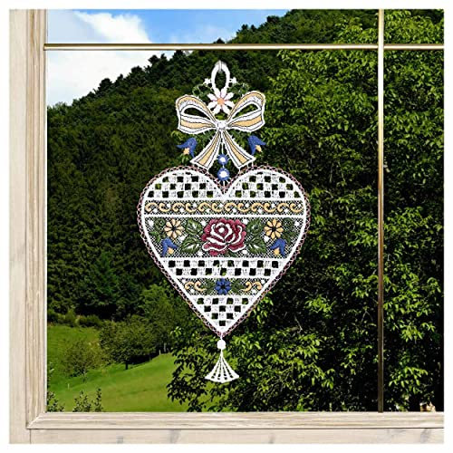 DSD Design-Studio Drechsler Fensterbild Herz Annemarie aus Echter Plauener Spitze in bunt Fensterdeko im Landhausstil mit Rosen-Motiv 25 x 13 cm