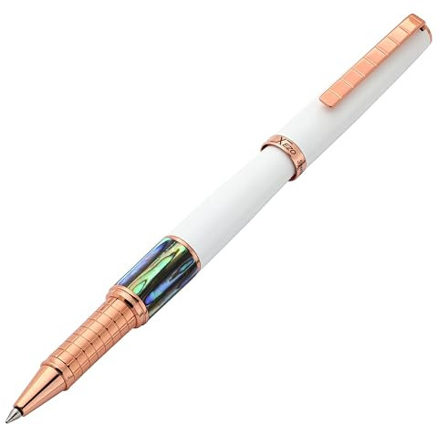 Xezo Speed Master Stylo roller, pointe fine. Blanc mat avec coquille de Pāua abalone. Plaqué or rose. Corps en laiton léger. Chaque pièce unique