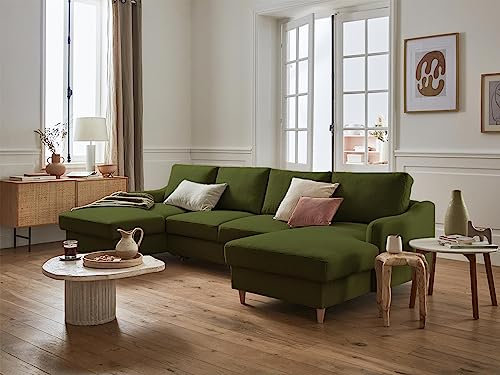 Lisa Design Will - Wohnlandschaft U-Form - 7 Sitzplätze - mit Schlaffunktion und Bettkasten - aus Stoff Olivgrün