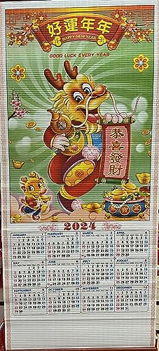 Chinesischer Wandkalender 2024 für das Jahr des Drachen Tierkreis-Tiere bringen Stärke und Positiv, um negative Ereignisse zu überwinden, Maße: 76,2 x 31,8 cm