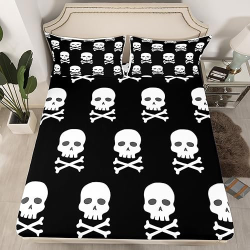 Halloween Schädel Spanntuch Skelett Knochen Kopf Bett Set 160x200x30 für Jungen Jugendlicher Junger Mann,Schädel Skelett Bettwäsche Halloween Dekoration Blätter mit 1 Kissenbezug,Schwarz Weiß