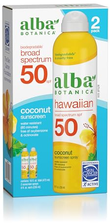 Alba Botanica Hawaiian Coconut Sunscreen, Spray Broad Spectrum SPF 50 Sunscreen, Water Resistant and Biodegradable 8 fl oz Bottle (Pack of 2)