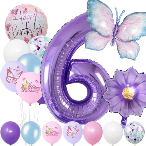 6 Jahre Set - Zahl Folienballon，22 Stück Blau Lila Geburtstagsdeko，Schmetterling Blumen Ballon，Kindergeburtstag Party Deko Zahl 6 Luftballon für Mädchen Jungen Geburtstags Festival Party Dekoration
