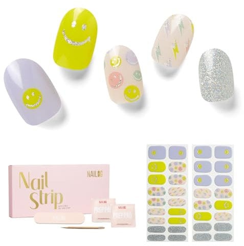NAILOG Semi Cured Gel Nail Strips, 34 pcs Salon-Quality Gel Nail Stickers, Long Lasting Nail Wraps for Women with Soft Gel Finish (Feeling Good)