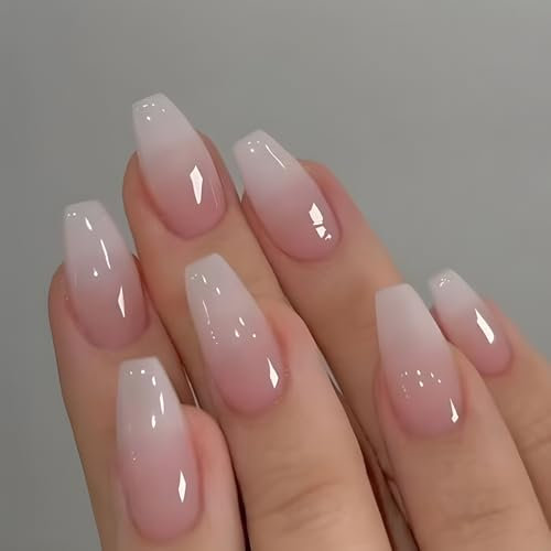 Faux Ongles Court MouyouGlow,Ballerine Rose Dégradé Blanc Glossy Press on Nails avec Colle à Ongles,Pink White Ombre Acryl Fake Nails