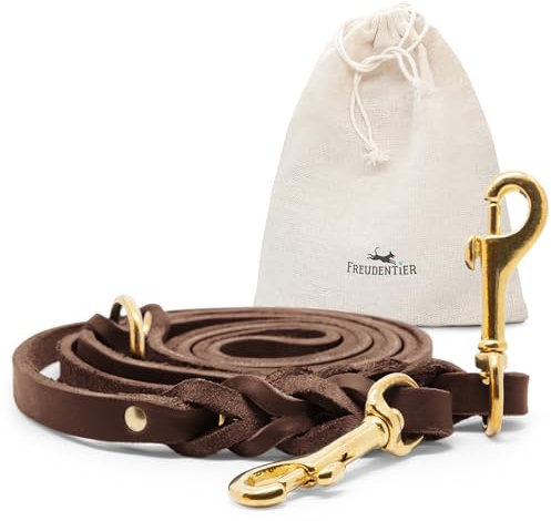 FREUDENTIER Hundeleine geflochten aus Leder, 2m & 3-Fach verstellbar - Leichte Fettlederleine - Handgeflochten in Holland - AlsterTwist Kollektion (Chocolate, 18mm Breite)