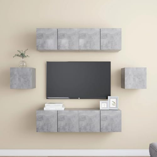 Homgoday Lot de 6 meubles TV en aggloméré gris béton, meuble pour TV, salon, salle à manger, table basse, télévision, équipement de musique, meuble bas de rangement, support type 1