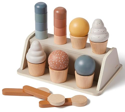 FLEXA Tienda de helados de madera para niños | Heladería para juegos de rol con tienda de compras | Montessori juguetes a partir de 2 – 3 años | Tienda de compras y accesorios de cocina infantil |