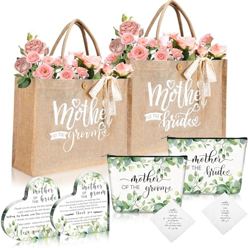 Hushee 2-teiliges Geschenk-Set für die Mutter der Braut und des Bräutigams, inklusive Handtasche, Leinwand, Make-up-Tasche, Acryl-Herz-Dekoration, Hochzeits-Taschentuch für Schwiegermutter, Braut