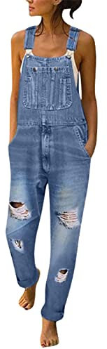 EQWIGKEIT Jeans Overall Damen Breites Bein Latzhose Baggy Jumpsuits, Sommer Frauen Retro Arbeitshose zerrissene Lange Casual Overall Hose Playsuit Schwangere Hosen mit Taschen, Große Größe S-2XL