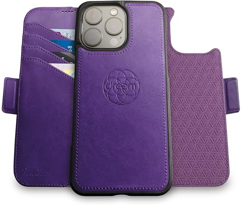 dreem custodia portafoglio rimovibile per iPhone 16 Pro Max in pelle vegana | Supporto verticale e orizzontale, portacarte RFID, compatibile con MagSafe, confezione regalo [Fibonacci: Viola]