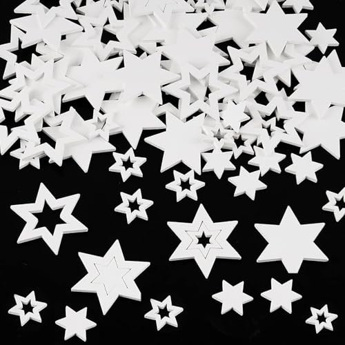 sunnilly Holzsterne Sechszackiger,100 Stücke Streudeko Weihnachten Sterne Holz Deko, Weiß Aushöhlen Holzsterne zum Basteln,Holz Streudeko für Basteln Weihnachtsbaumschmuck Tischdeko(2 cm/4 cm)