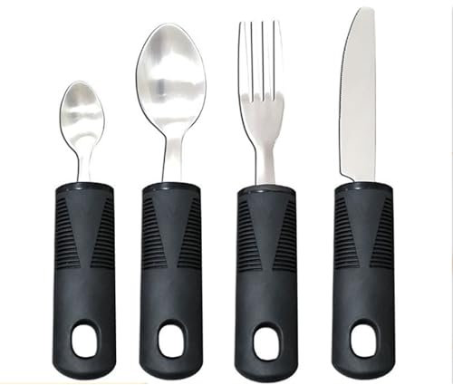 HAPPOW 4Pcs Wide Handled Easy Grip Cutlery Set,Easy Grip Cutlery Set for Disabled Hands – Comfortable Adapted Utensils for Arthritic & Parkinson's Patients – Anti-Shake Spoon & Fork