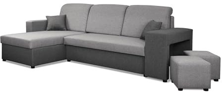 NAWSTOL Ecksofa Alex mit Schlaffunktion, Zwei Bettkästen, zusätzlichen Hockern und universeller Ausrichtung – praktische Lösung für Ihr Wohnzimme (Hellgrau + Grau)
