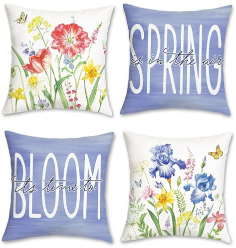 Bonhause 4er Set Kissenbezüge Frühling Blumen 45 x 45 cm Blume Lila Samt Soft Dekorative Kissenhülle Zierkissenbezüge für Sofa Schlafzimmer Zuhause Garten Dekoration