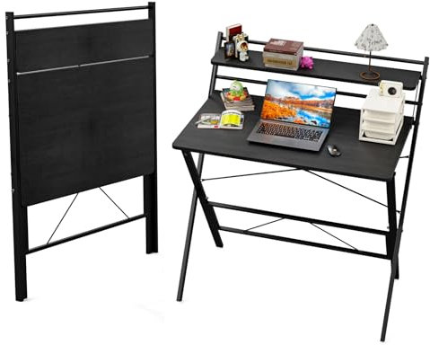 PIPIPOXER 80x50cm Klappbarer Schreibtisch Mit Regal und Monitorständer, Klapptisch für Home Office, PC-Tisch Große Größe, Schwarz